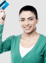 Casual woman showing her credit card to camera